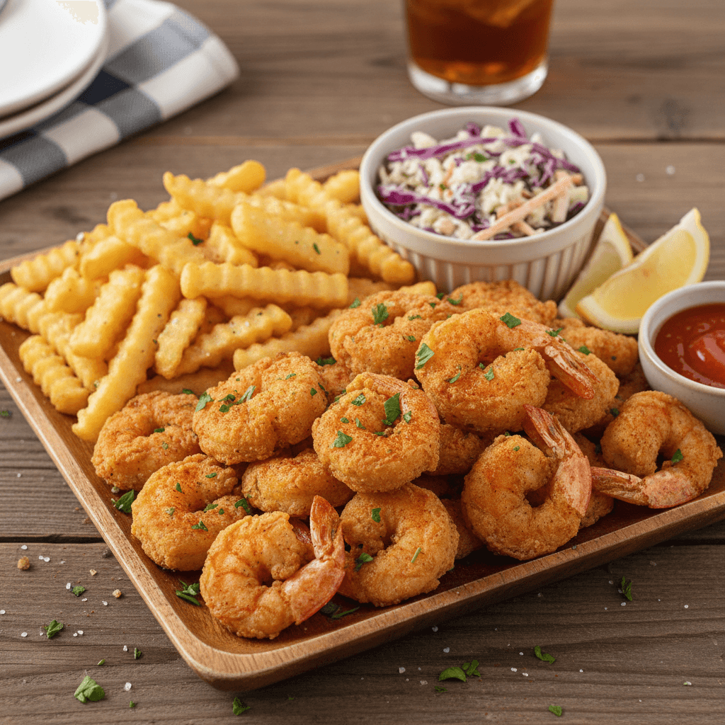 Large platter of fried shrimp, french fries, and coleslaw