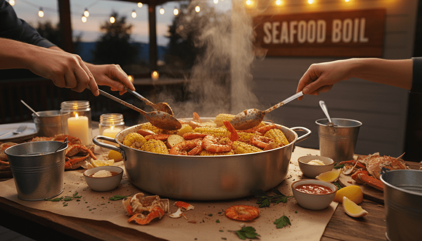 Steaming pot of shrimp and corn at a seafood boil table