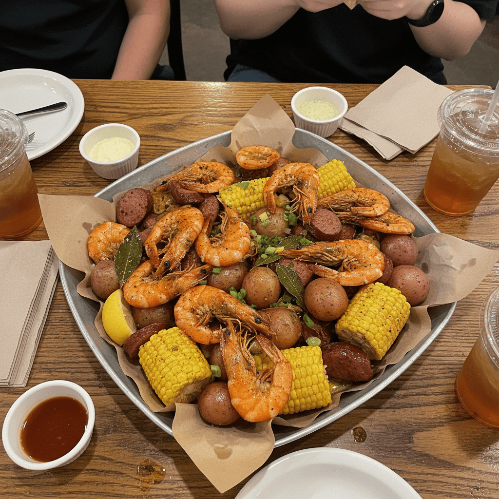 Shrimp boil with corn and potatoes in a metal tray on a restaurant table