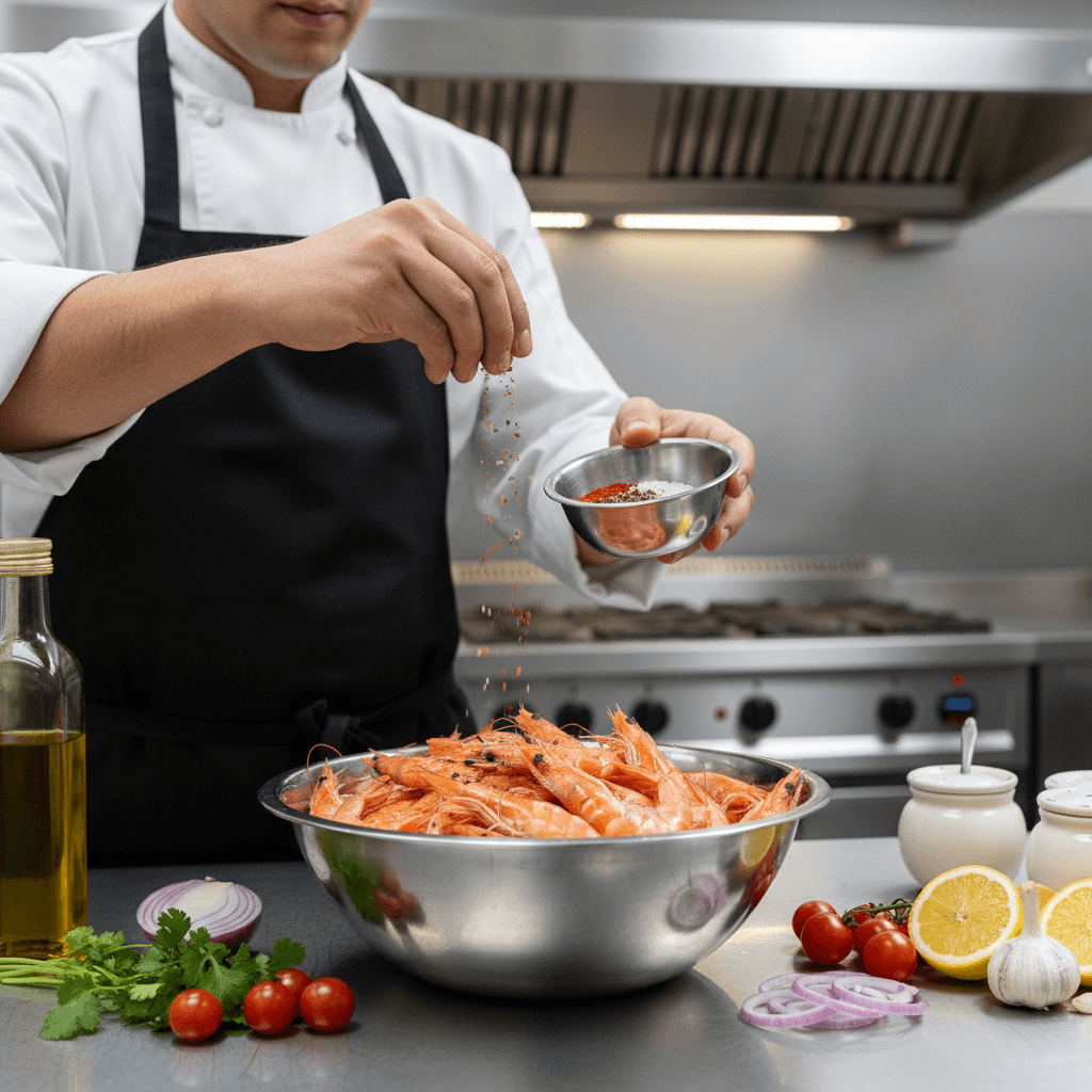 chef seasoning raw shrimp in commercial kitchen with fresh ingredients
