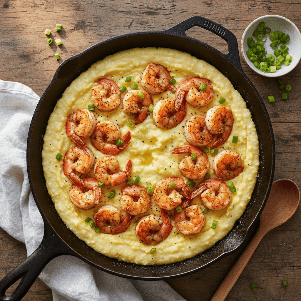 Cast-iron skillet of creamy shrimp and grits topped with scallions
