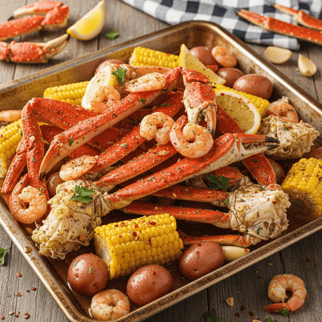 Seafood boil with crab legs, shrimp, corn, and potatoes in a metal tray