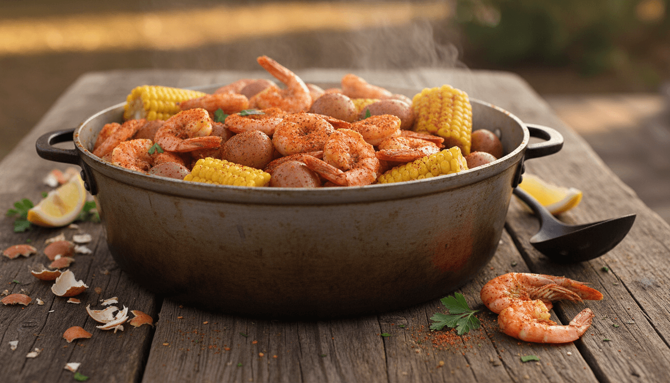 Seafood boil with shrimp, corn, and potatoes in a seasoned broth