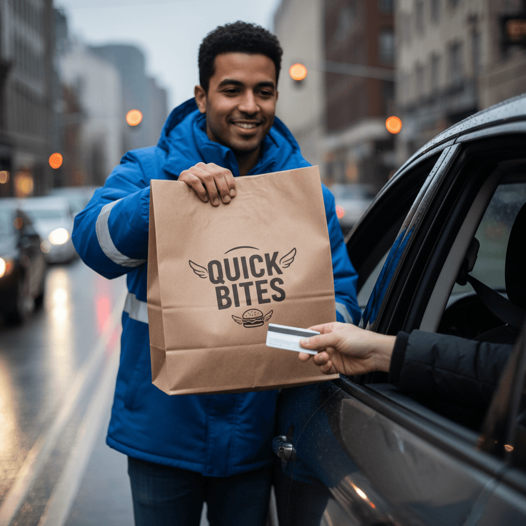 Delivery driver handing a food bag through a car window