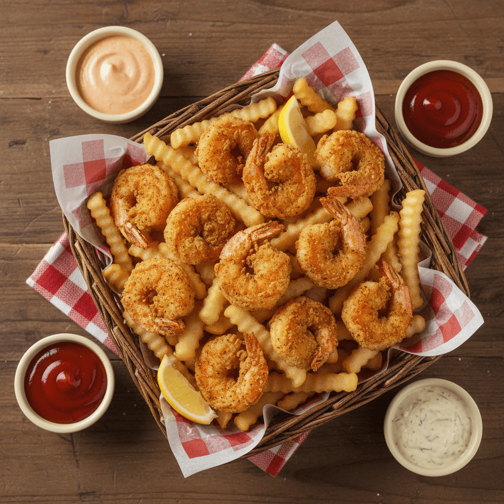 Large basket of fried shrimp and french fries with dipping sauces on a table