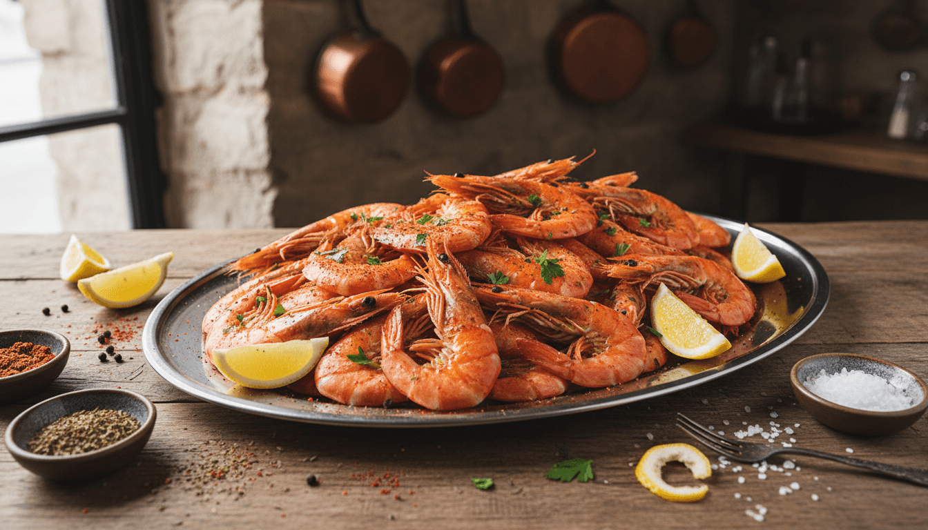 Fresh boiled shrimp platter with lemon and spices