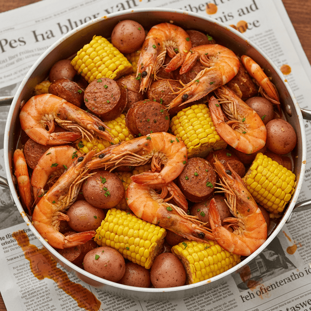 Full seafood boil pot with shrimp, sausage, corn, and potatoes