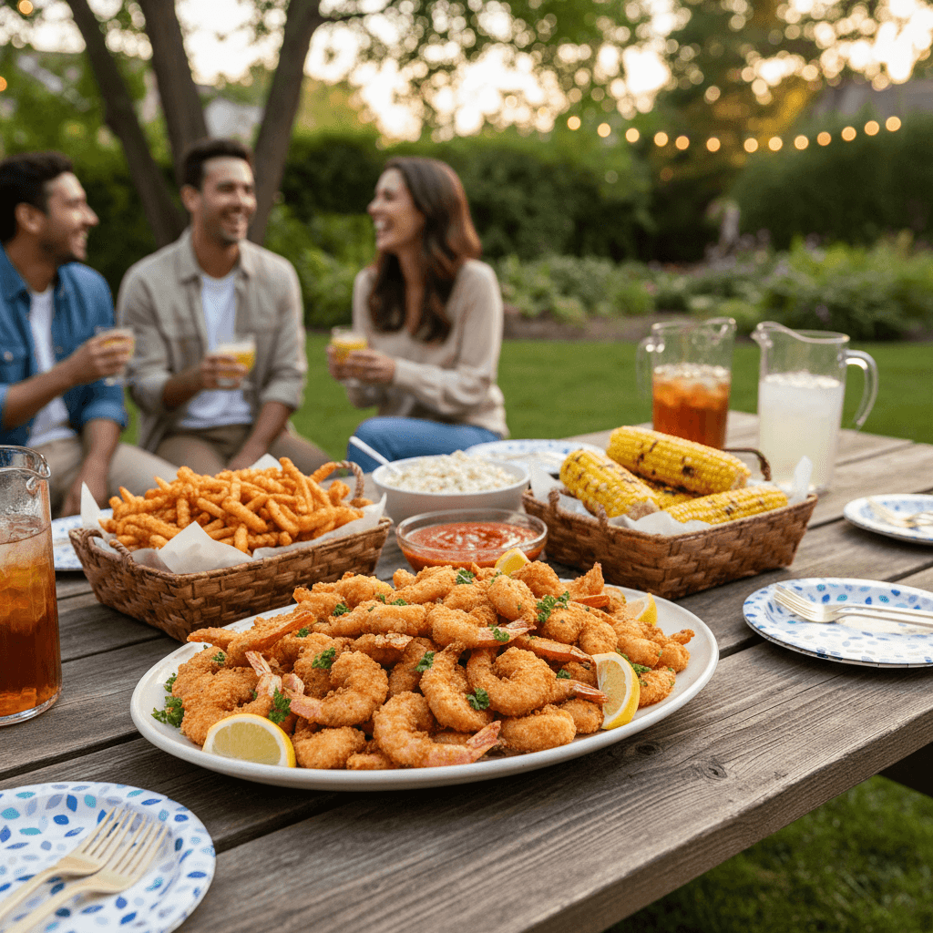 Platter of fried shrimp and sides on an outdoor picnic table at a backyard party