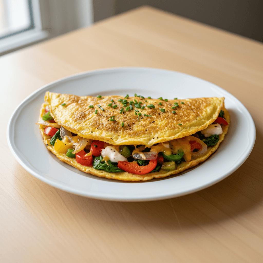Fluffy omelet filled with vegetables and cheese on a white plate