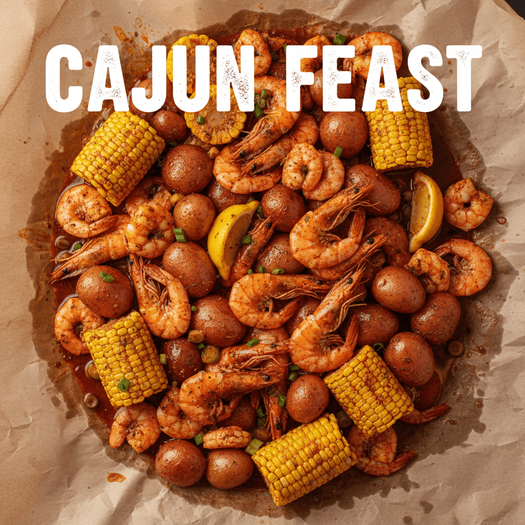 cajun seafood boil with shrimp corn and potatoes on brown paper
