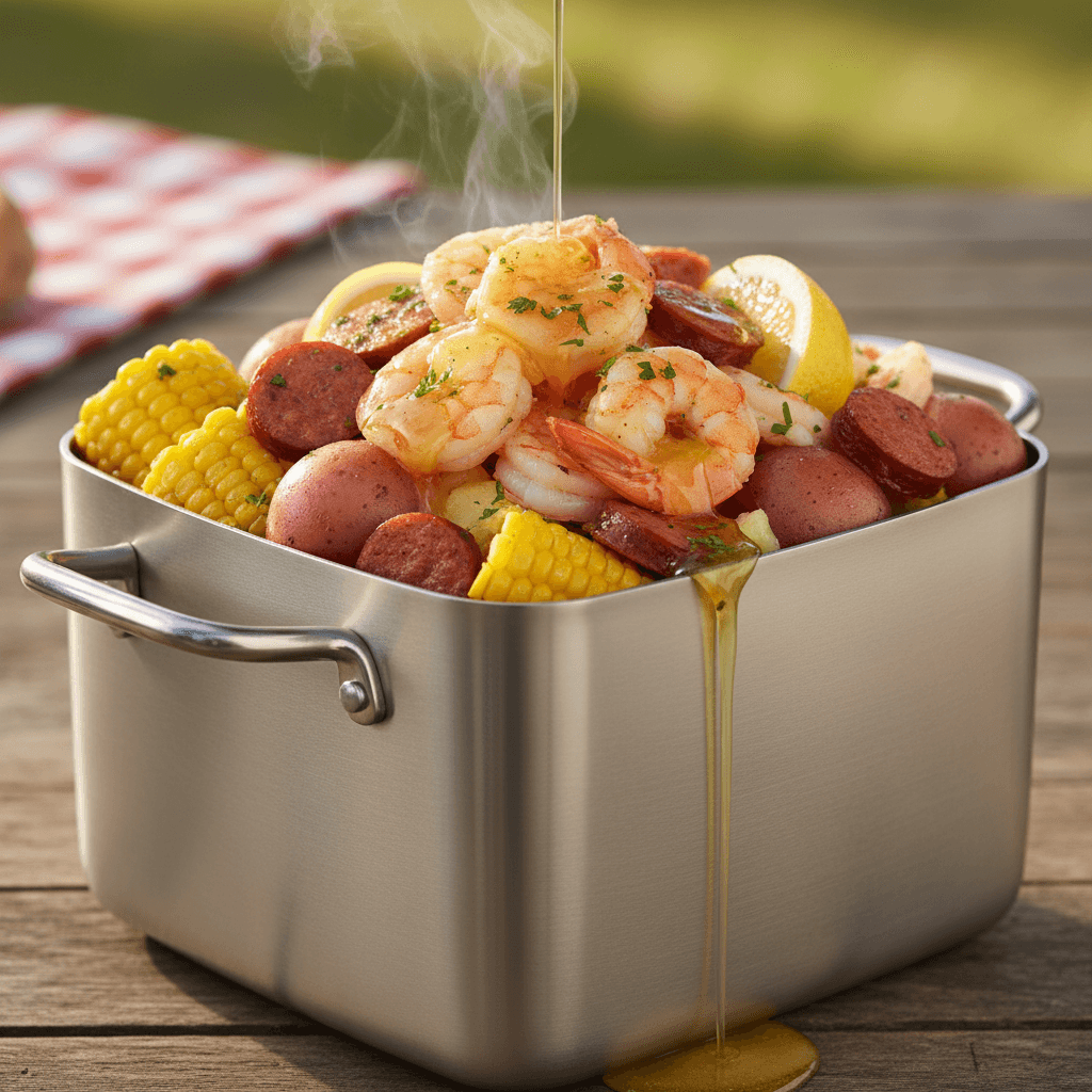 Steamed shrimp boil in a metal pot with melted butter sauce