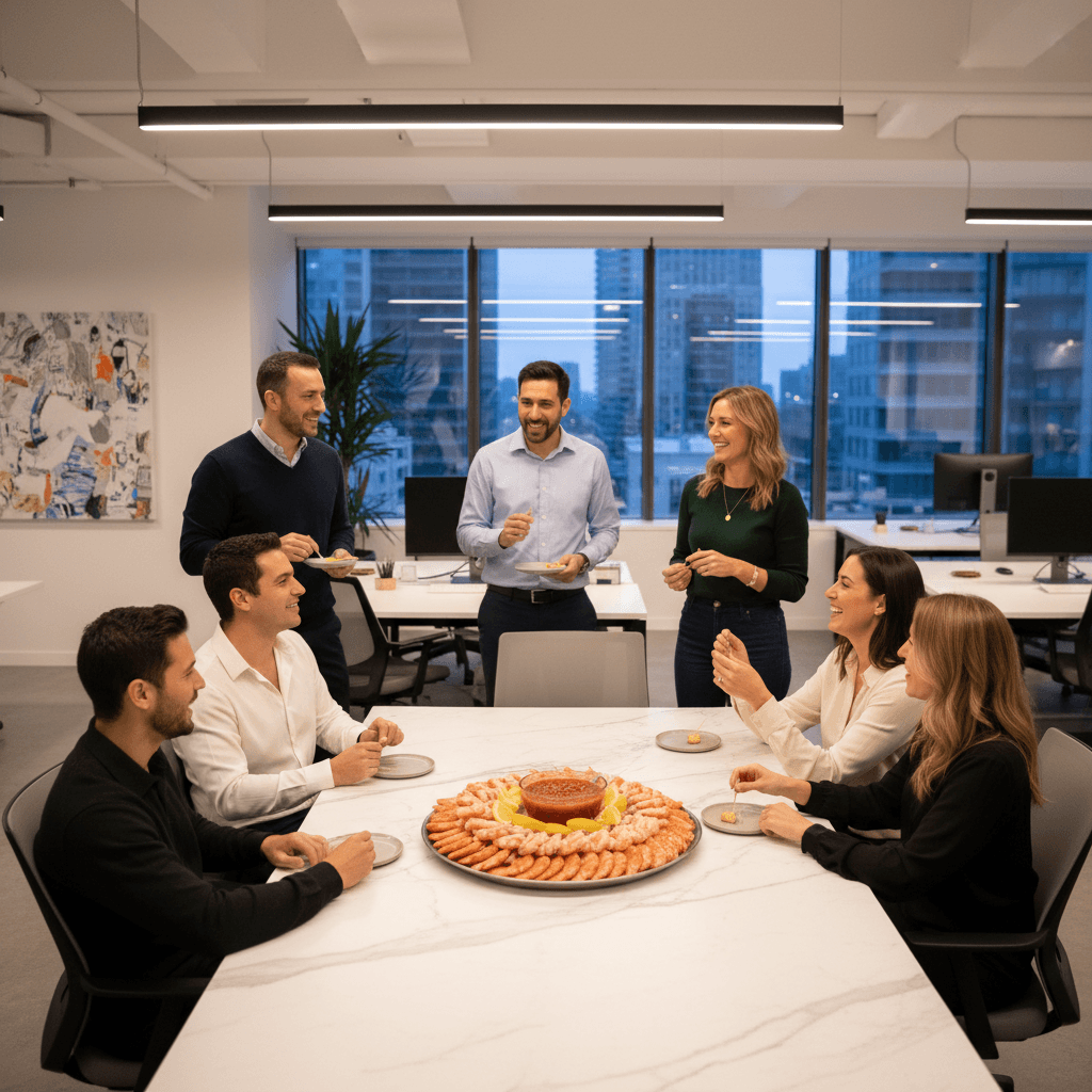Team celebration in an office with a shrimp cocktail platter and colleagues