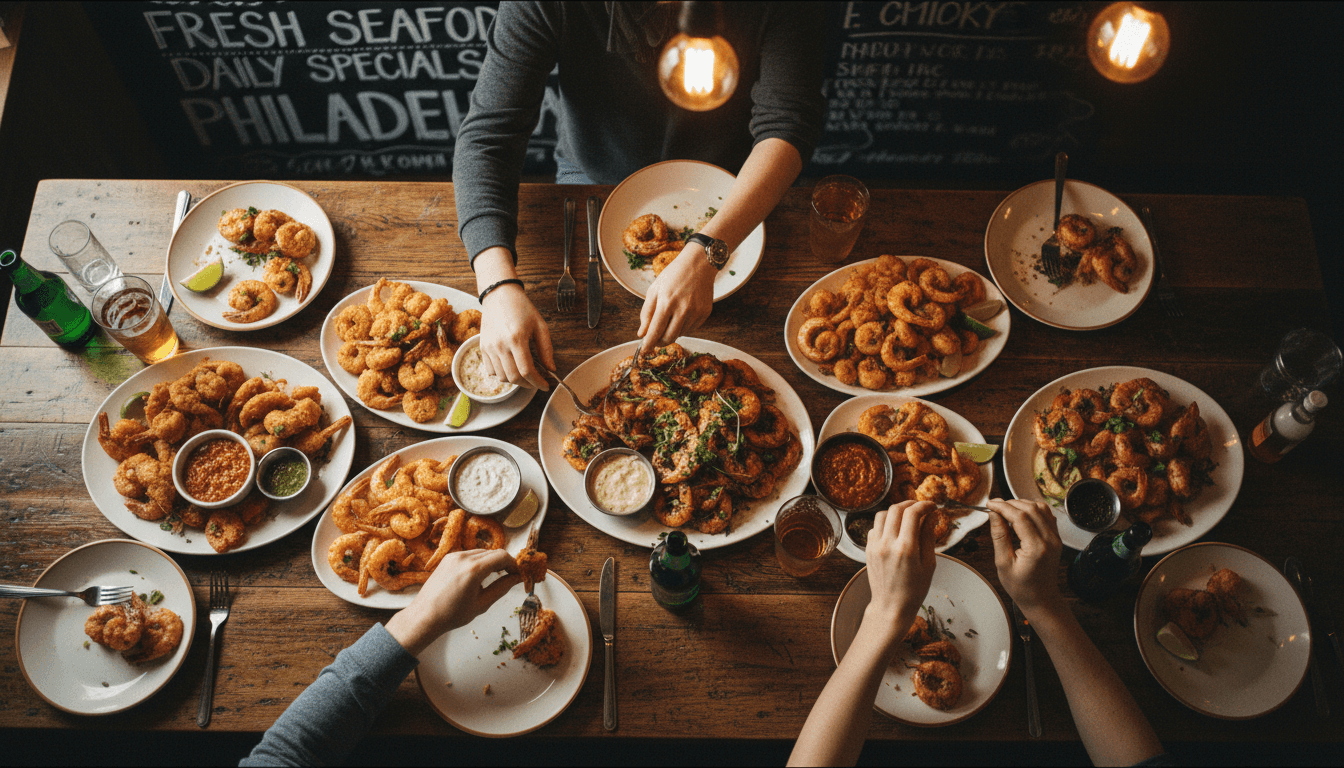 Family sharing shrimp platters at a table in a cozy restaurant