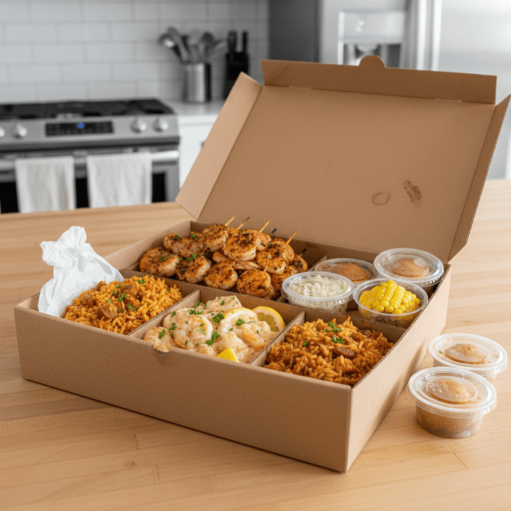 Cardboard box filled with shrimp dishes and side containers on a kitchen counter
