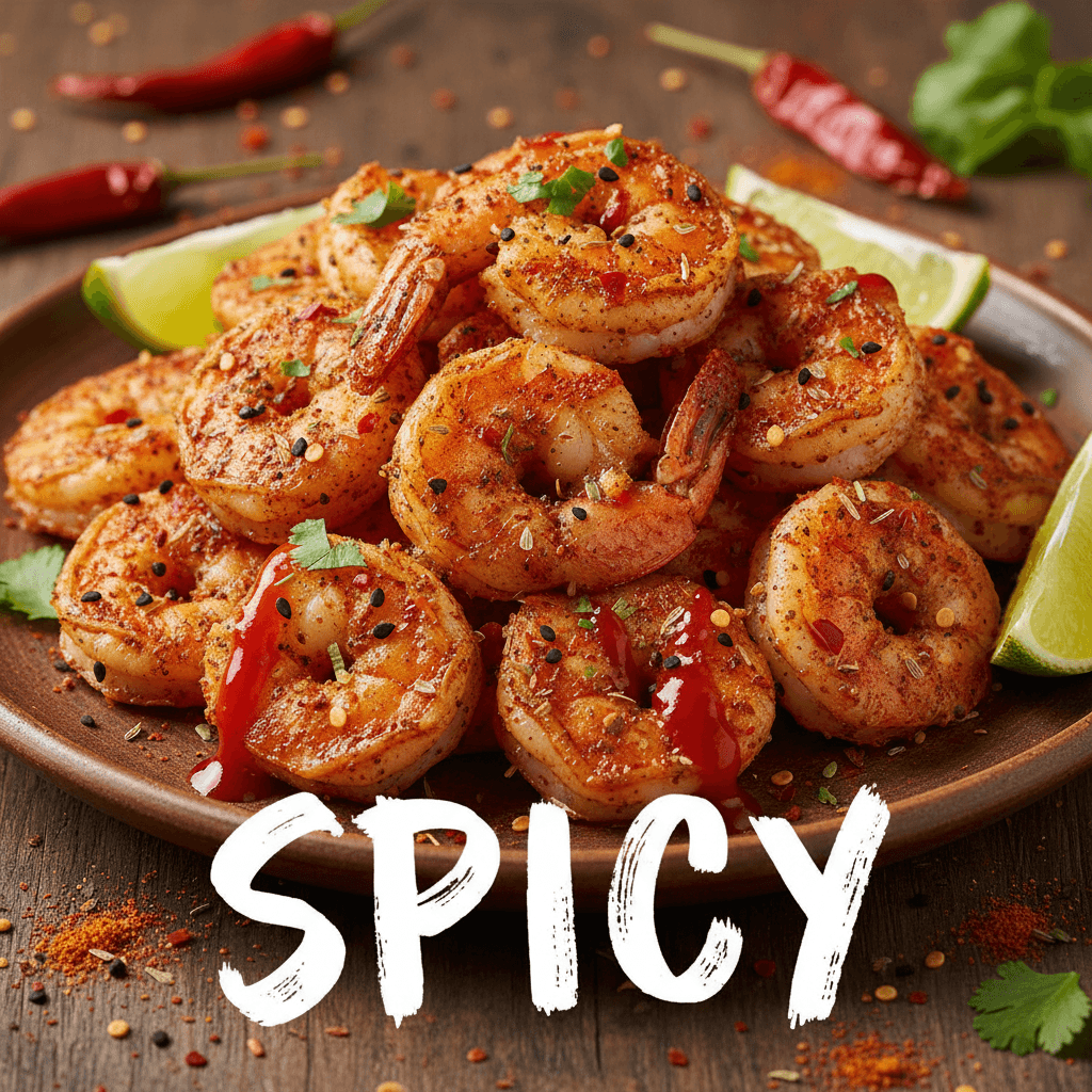 Cooked shrimp dish with bold spices on a plate