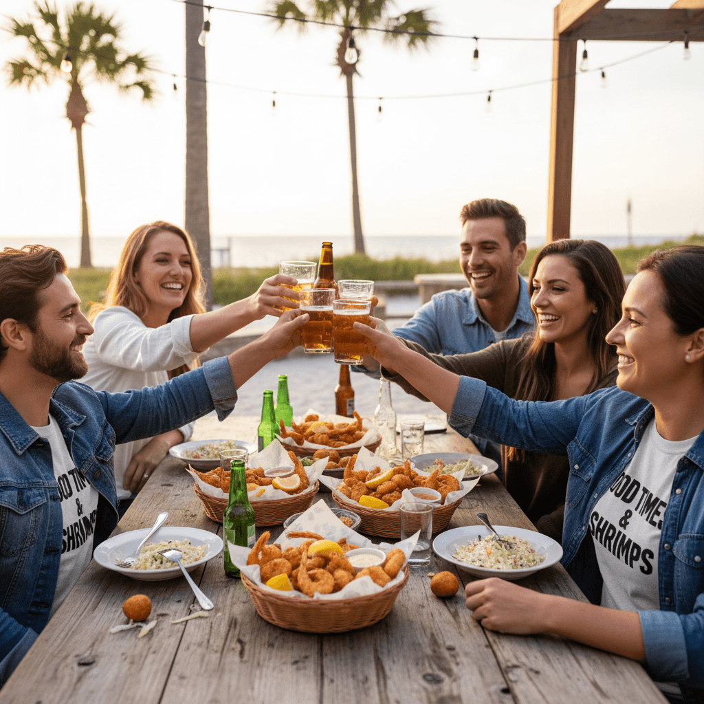 Group of friends toasting drinks at a table with shrimp baskets