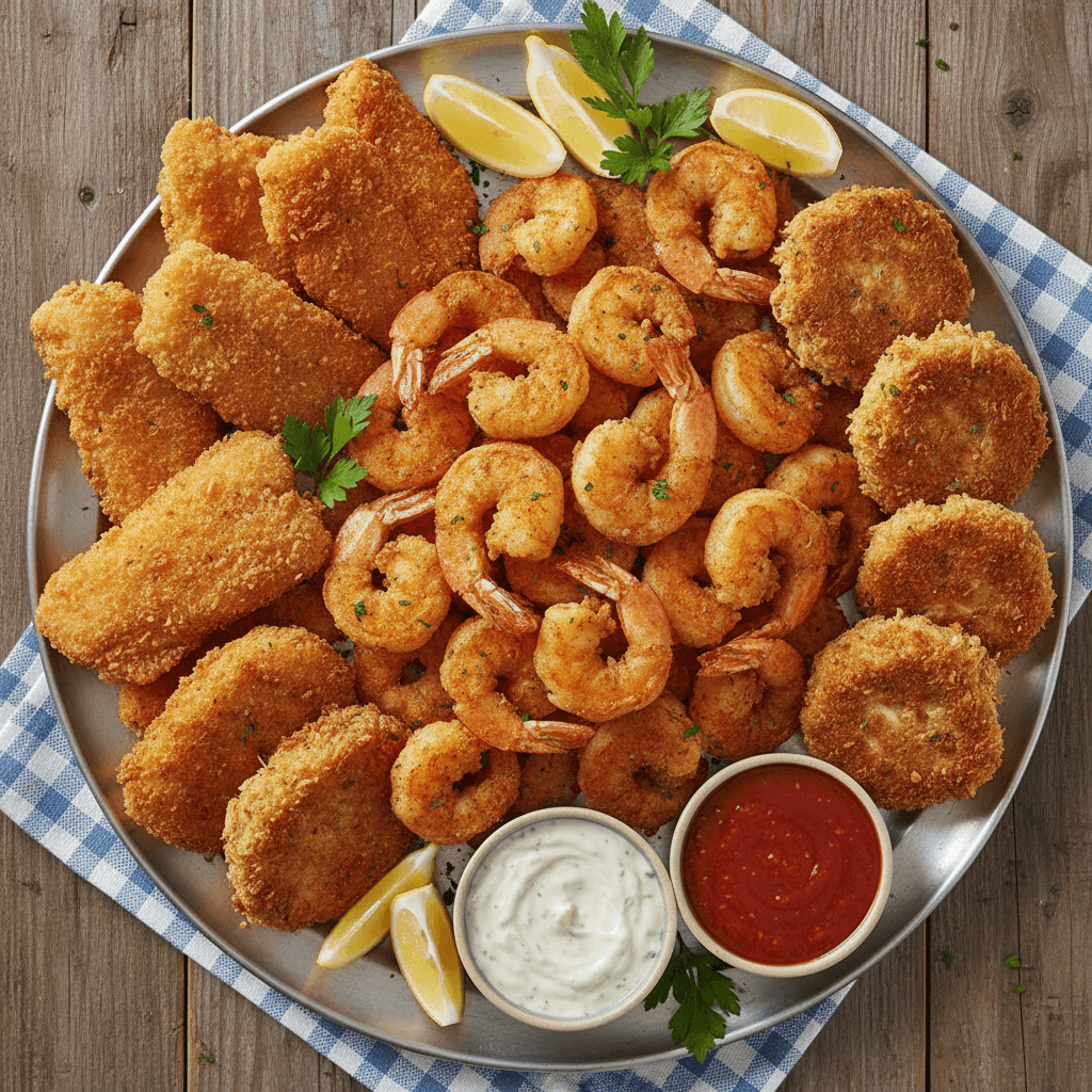 Seafood platter with fried shrimp, fish, and crab cakes on a tray