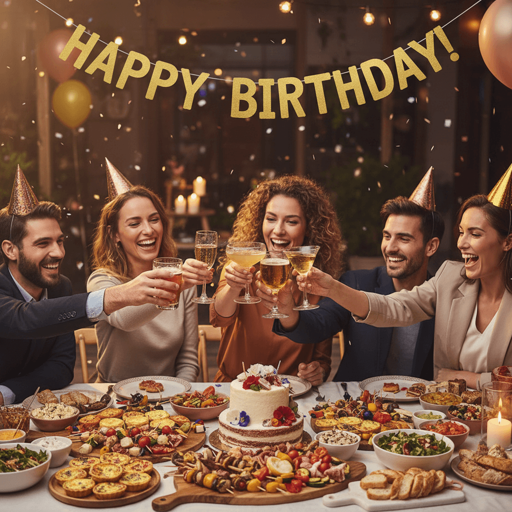 Group of friends toasting with drinks at a birthday party with a food table