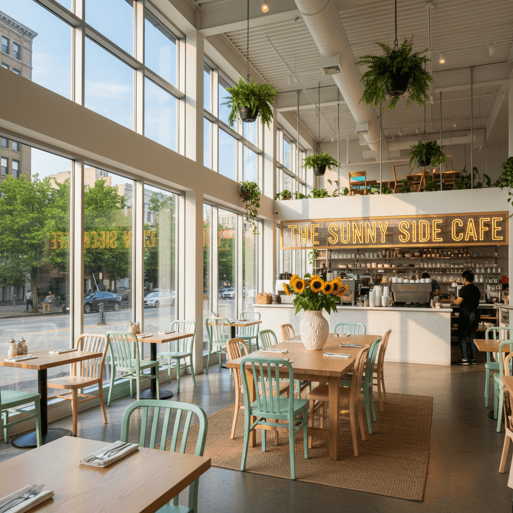 Bright seating area near large windows