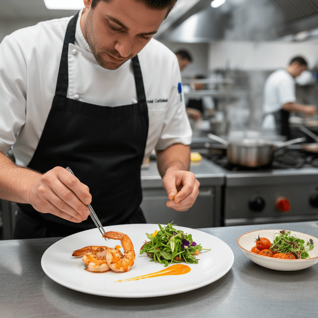Chef plating fresh shrimp