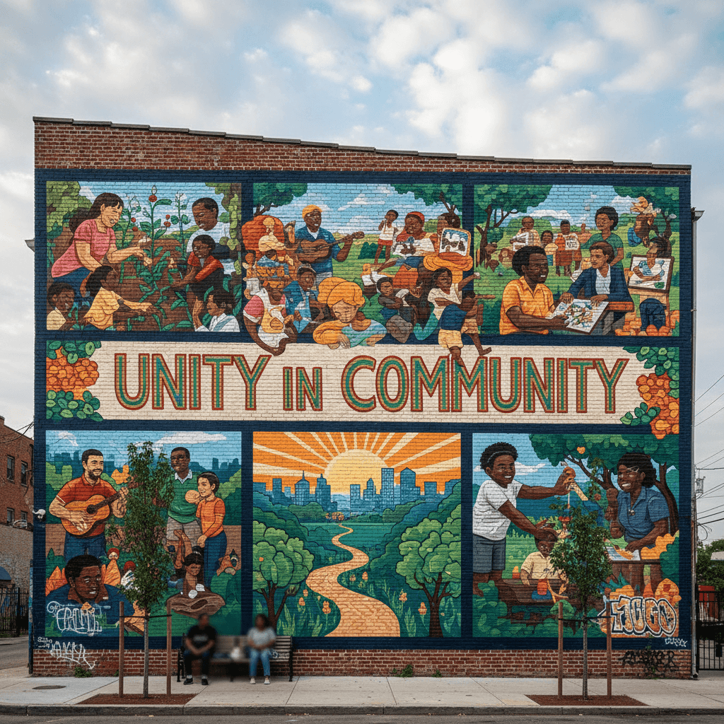 Public mural on a brick wall in the neighborhood