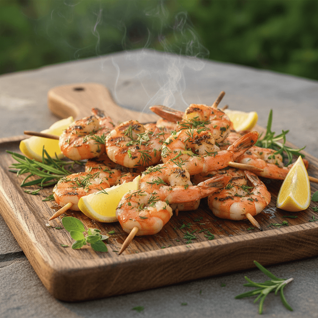 grilled shrimp skewers with lemon and herbs on wooden platter