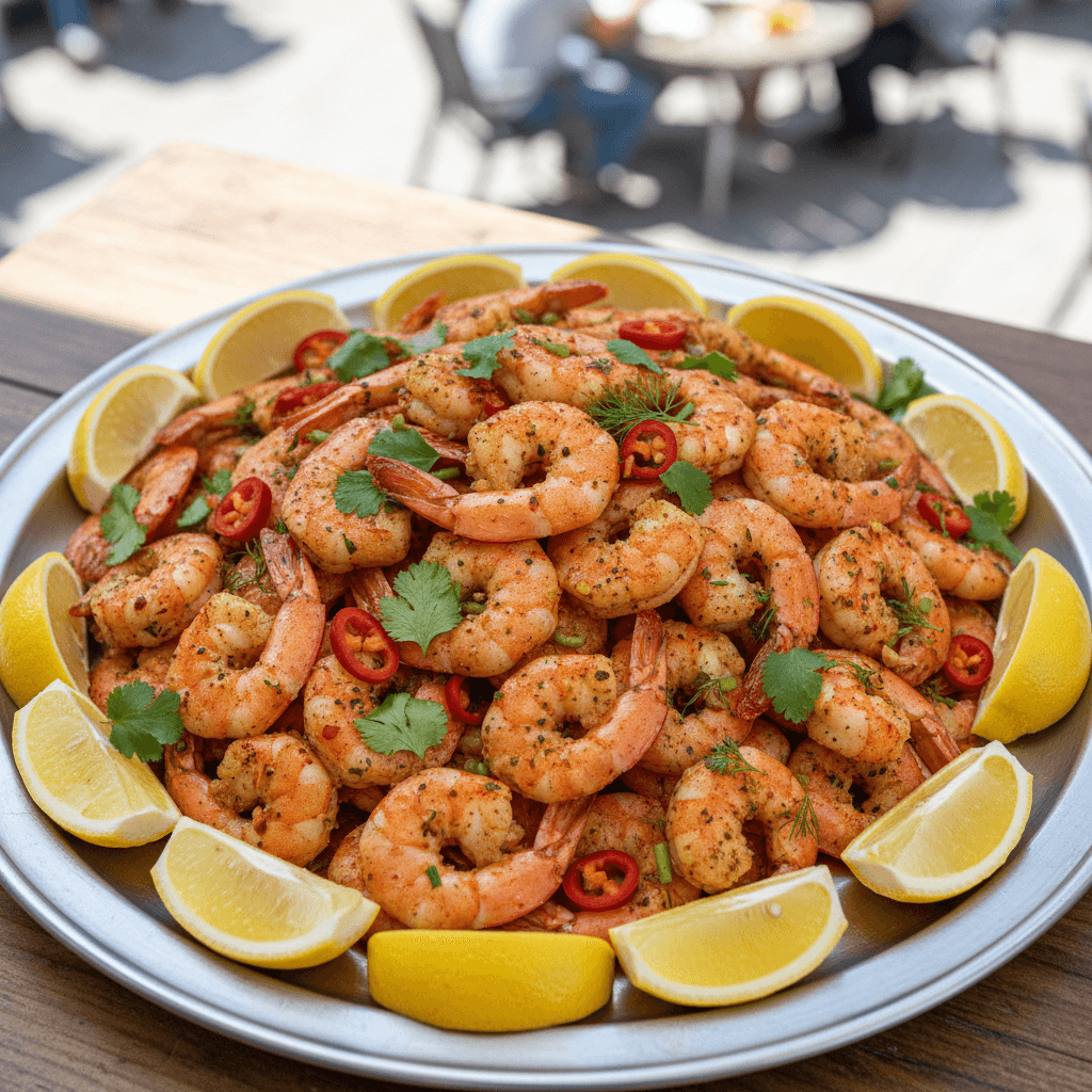 Fresh seasoned shrimp platter on a catering tray with lemon wedges