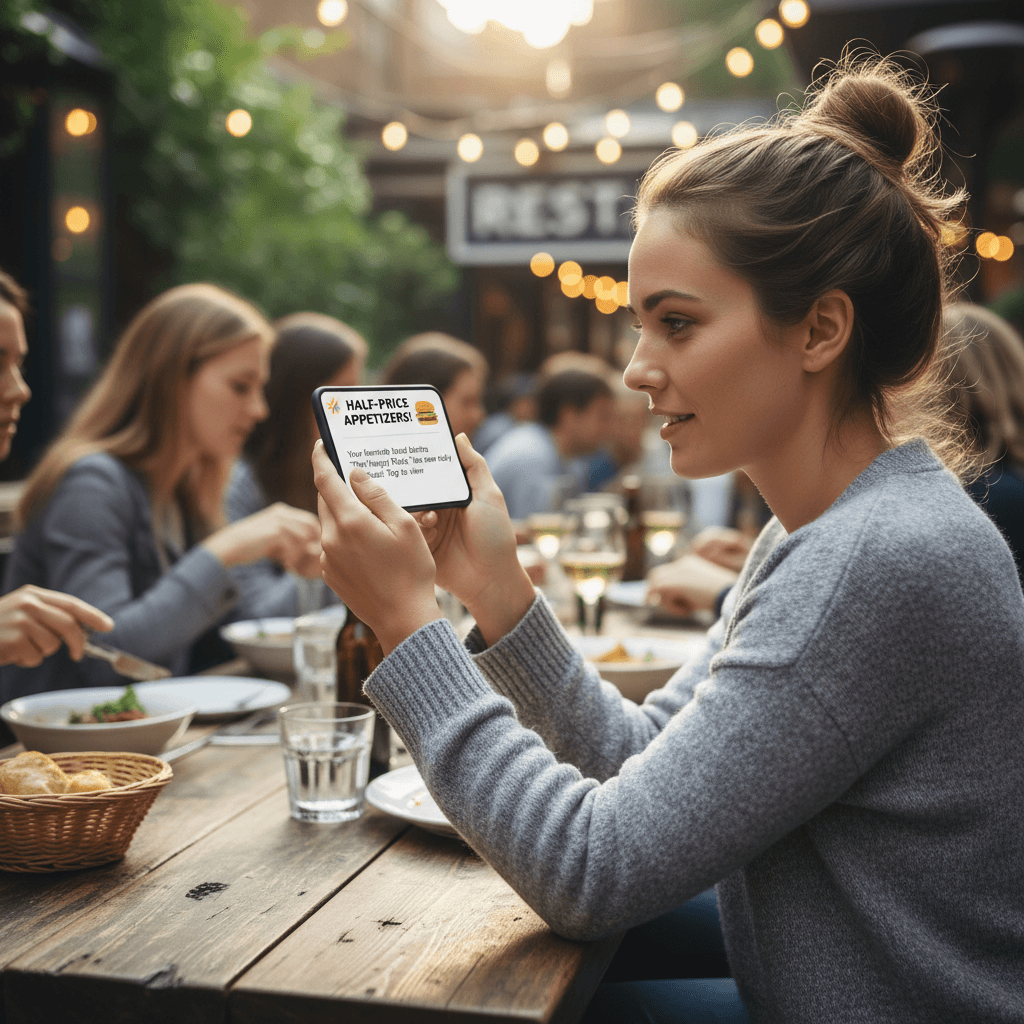 Woman checking her phone for a restaurant specials notification