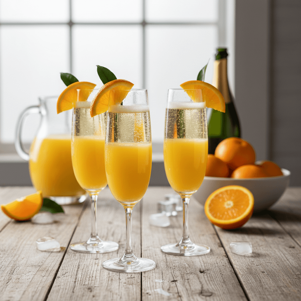 Refreshing mimosas in glasses with orange juice and sparkling wine