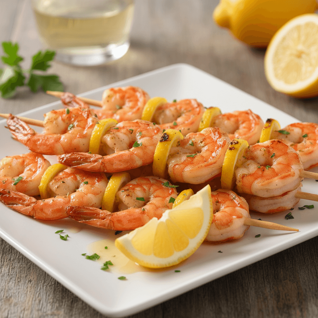 Grilled shrimp skewers with a twist of lemon on a plate