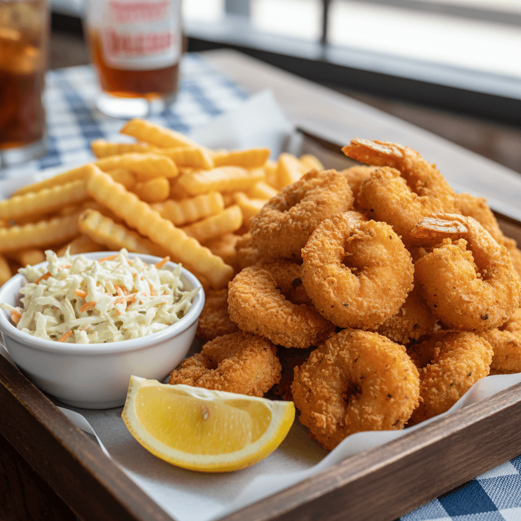 Crispy fried shrimp platter with french fries, coleslaw, and a lemon wedge