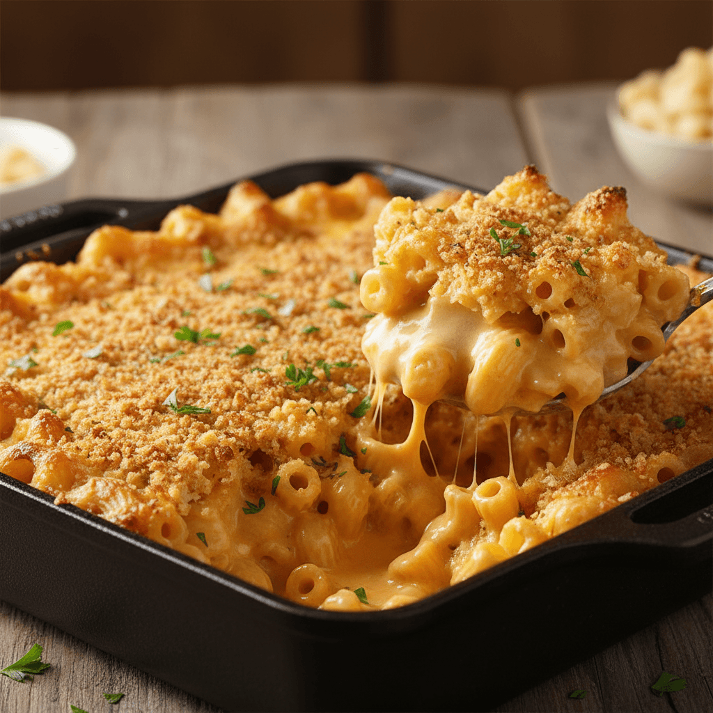 Creamy baked macaroni and cheese with golden top in a dish