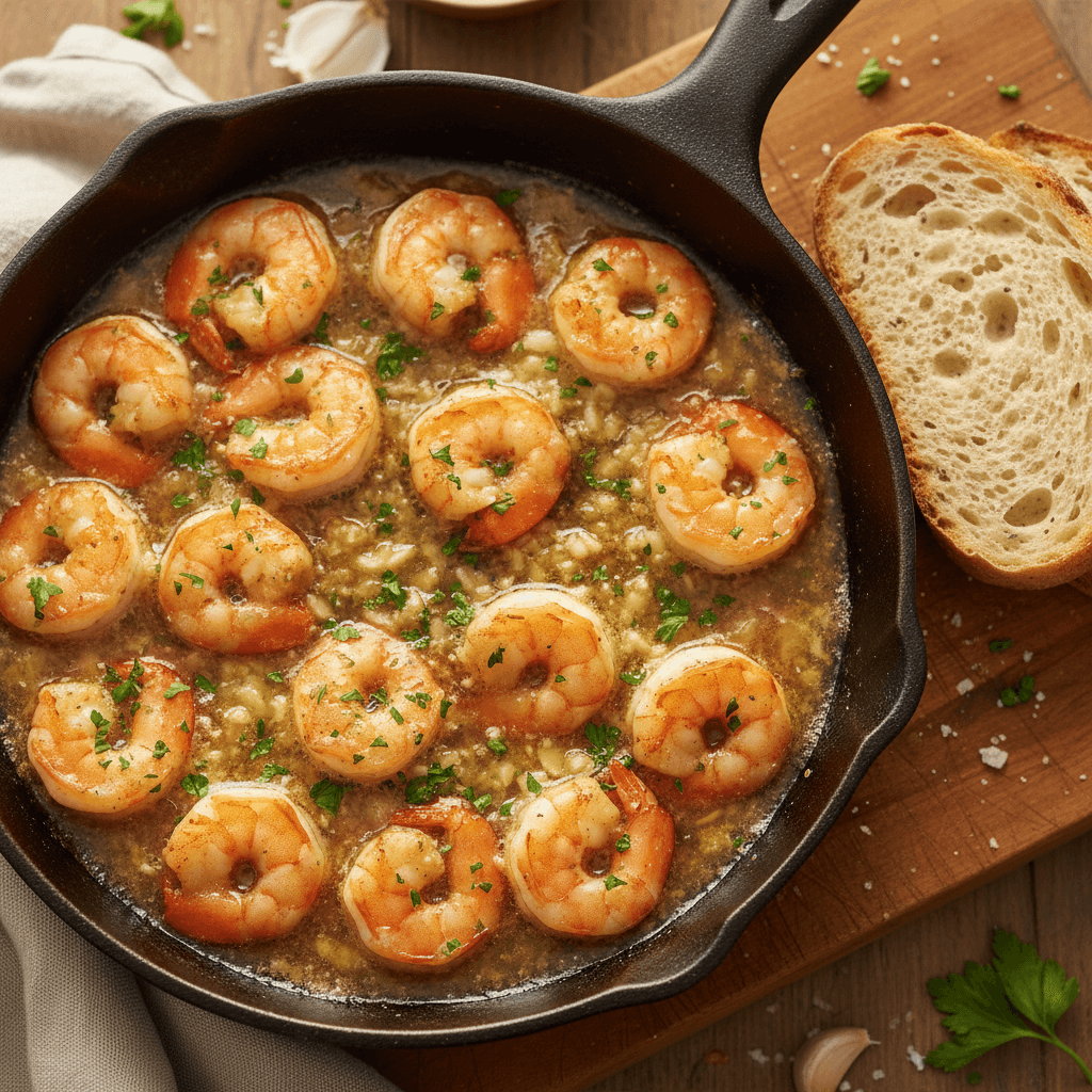Shrimp in a skillet with garlic butter sauce and a piece of bread