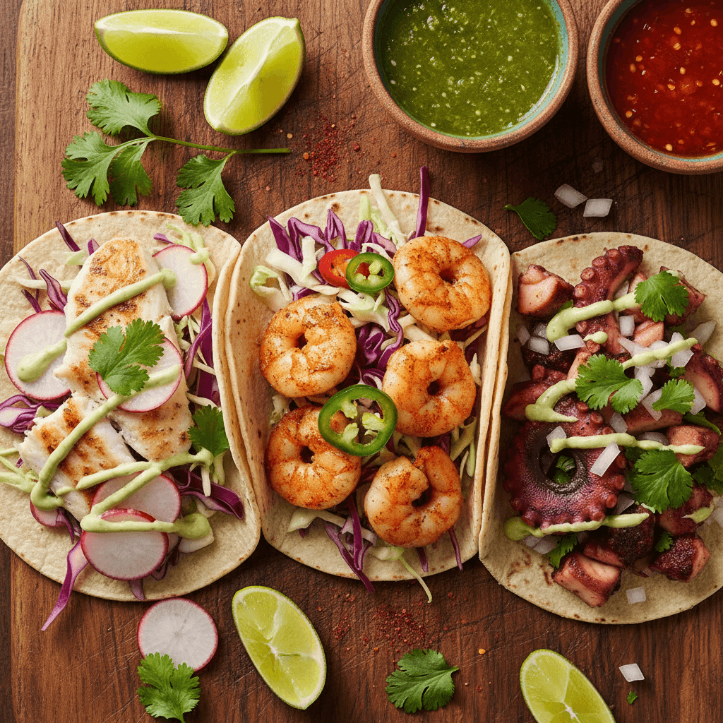 Shrimp tacos topped with fresh ingredients on a plate