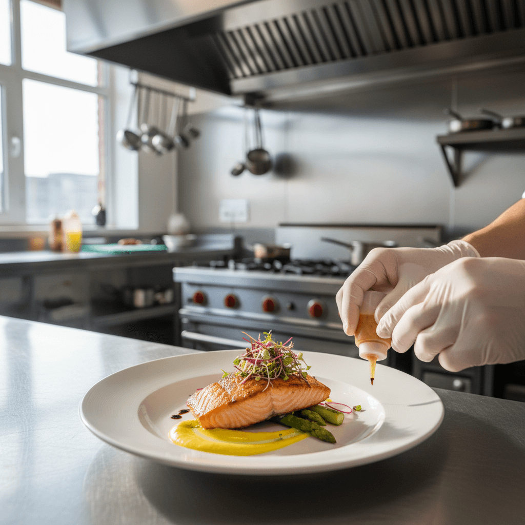 friendly female chef in her 30s smiling while plating shrimp in a small modern kitchen