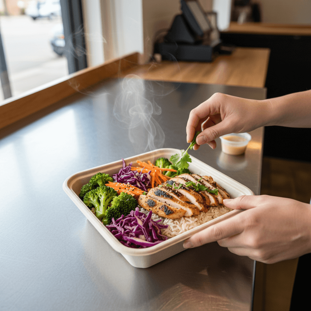 Someone picking up a takeout box of shrimp from a counter