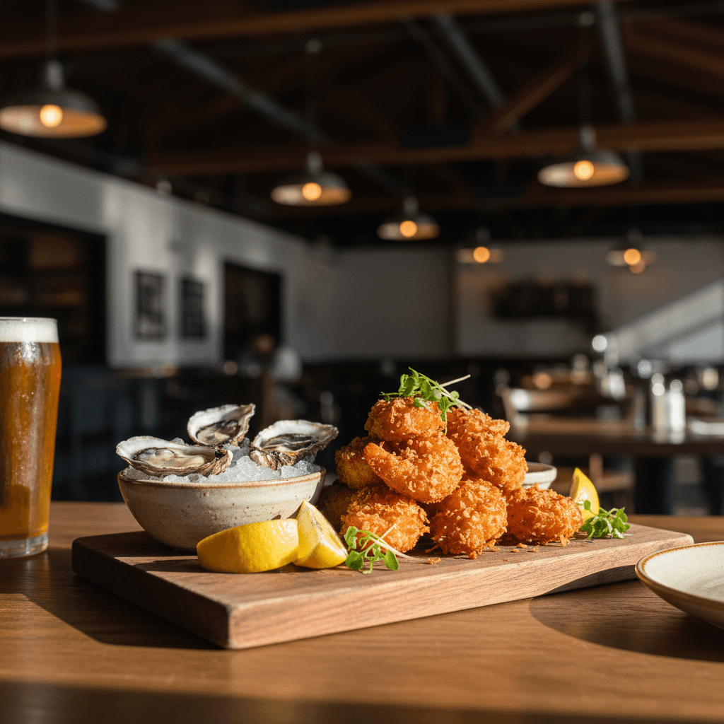 Freshly prepared shrimp dish on a plate in a casual restaurant