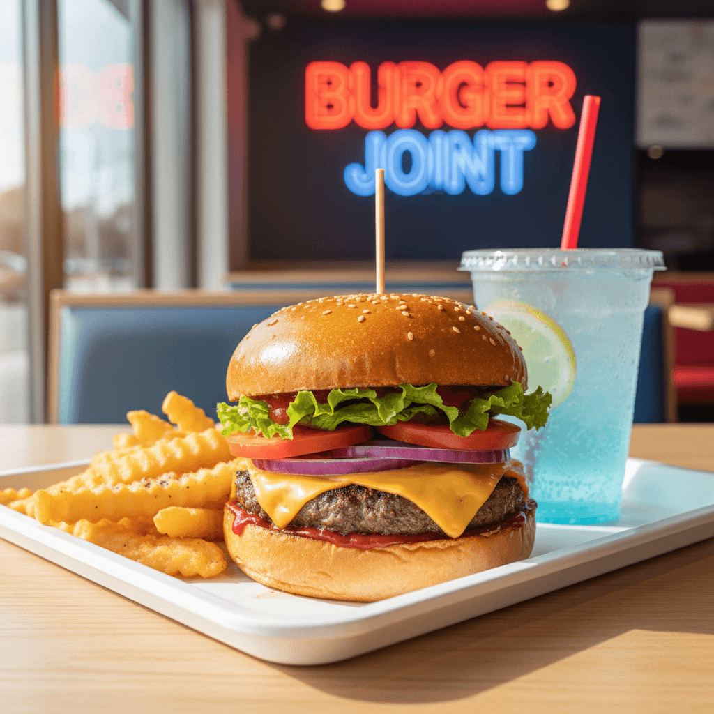 Meal tray with burger and shrimp in a casual restaurant