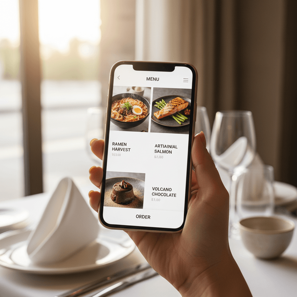 Person paying for food on their phone at a restaurant table